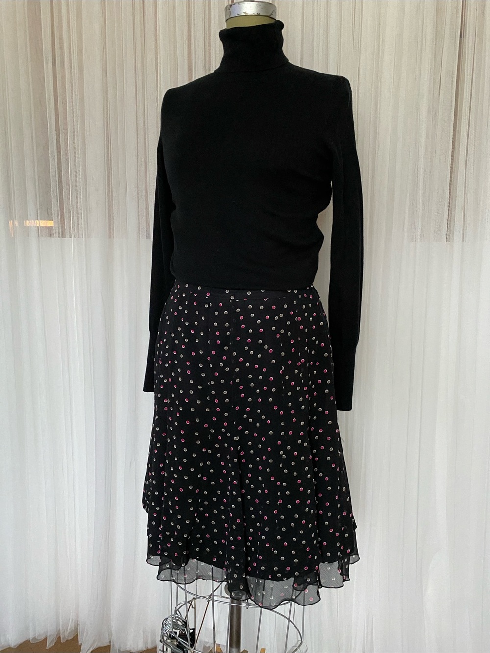 Steilmann Vtg 80’s Black Polka Dot Chiffon Midi Skirt Size 10
